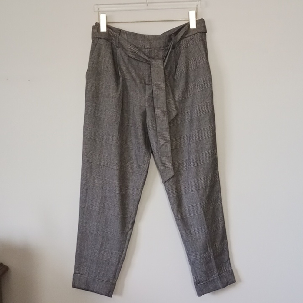 Banana Republic Glen Check Plaid Tan Brown Tie Waist Trouser Pant, Size 10